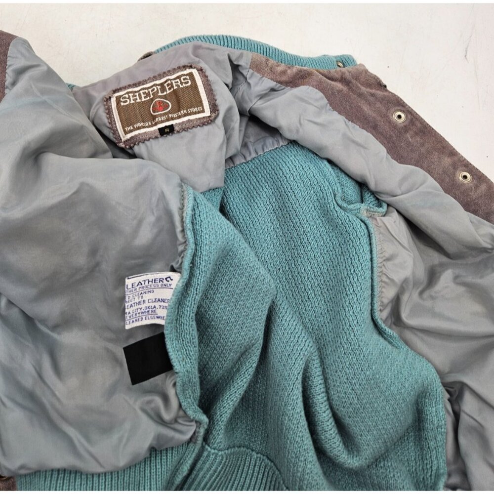 VTG Sheplers Leather Suede Knit Jacket Womens S Grey Ruffle Korea - Picture 9 of 9